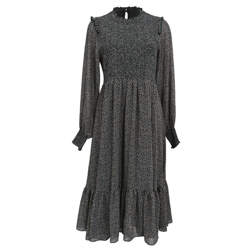 Hatch Ditsy Floral Mock Neck Midi Dress in Black Polyester